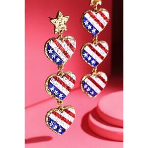 USA Flag Glitter Heart Dangle Earrings | 3-Tier Drop
